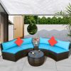 4-Piece Patio Furniture Sets; Outdoor Half-Moon Sectional Furniture Wicker Sofa Set with Two Pillows and Coffee Table; Blue Cushions+Brown Wicker