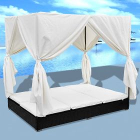 Patio Lounge Bed with Curtains Poly Rattan Black