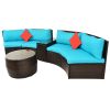 4-Piece Patio Furniture Sets; Outdoor Half-Moon Sectional Furniture Wicker Sofa Set with Two Pillows and Coffee Table; Blue Cushions+Brown Wicker