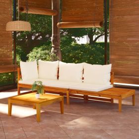 3 Piece Patio Lounge Set with Cream White Cushions Acacia Wood