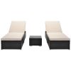 Outdoor Garden 3 Piece Wicker Patio Chaise Lounge Set Adjustable PE Rattan Reclining Chairs with Cushions and Side Table.