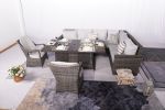 7 PCS Patio Gray Conversational Sofa Set With Gas Firepit and Ice Container Rectangle Dining Table And Dining Chairs