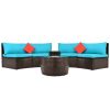 4-Piece Patio Furniture Sets; Outdoor Half-Moon Sectional Furniture Wicker Sofa Set with Two Pillows and Coffee Table; Blue Cushions+Brown Wicker