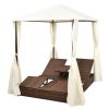 vidaXL Double Sun Lounger with Curtains Poly Rattan Brown