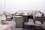 7 PCS Patio Gray Conversational Sofa Set With Gas Firepit and Ice Container Rectangle Dining Table And Dining Chairs