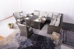 7 PCS Patio Gray Conversational Sofa Set With Gas Firepit and Ice Container Rectangle Dining Table And Dining Chairs