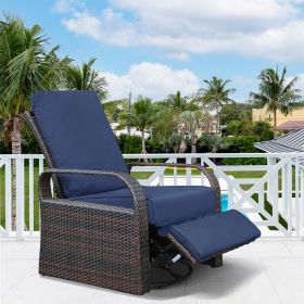 Outdoor Patio Rattan Wicker Swivel Recliner Chair;  Adjustable Reclining Chair 360Â° Rotating with Water Resistant Cushions (Color: Navy Blue)