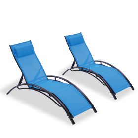 2PCS Set Chaise Lounges Outdoor Lounge Chair Lounger Recliner Chair For Patio Lawn Beach Pool Side Sunbathing (Color: Blue)