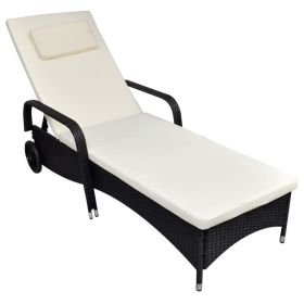 Sun Lounger with Cushion & Wheels Poly Rattan Black (Color: Black)