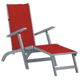 Patio Deck Chair with Footrest and Cushion Solid Acacia Wood (Color: Grey)