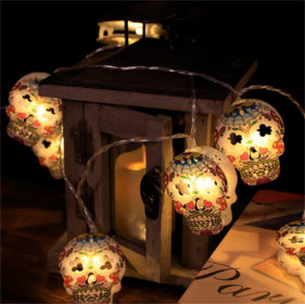 Halloween Battery Remote Control USB LED String Lights (Option: New flower skull-2meters 10lights warm white)