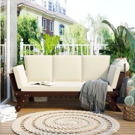 Outdoor Adjustable Patio Wooden Daybed Sofa Chaise Lounge with Cushions for Small Places; Brown Finish+Beige Cushion (Color: Beige)